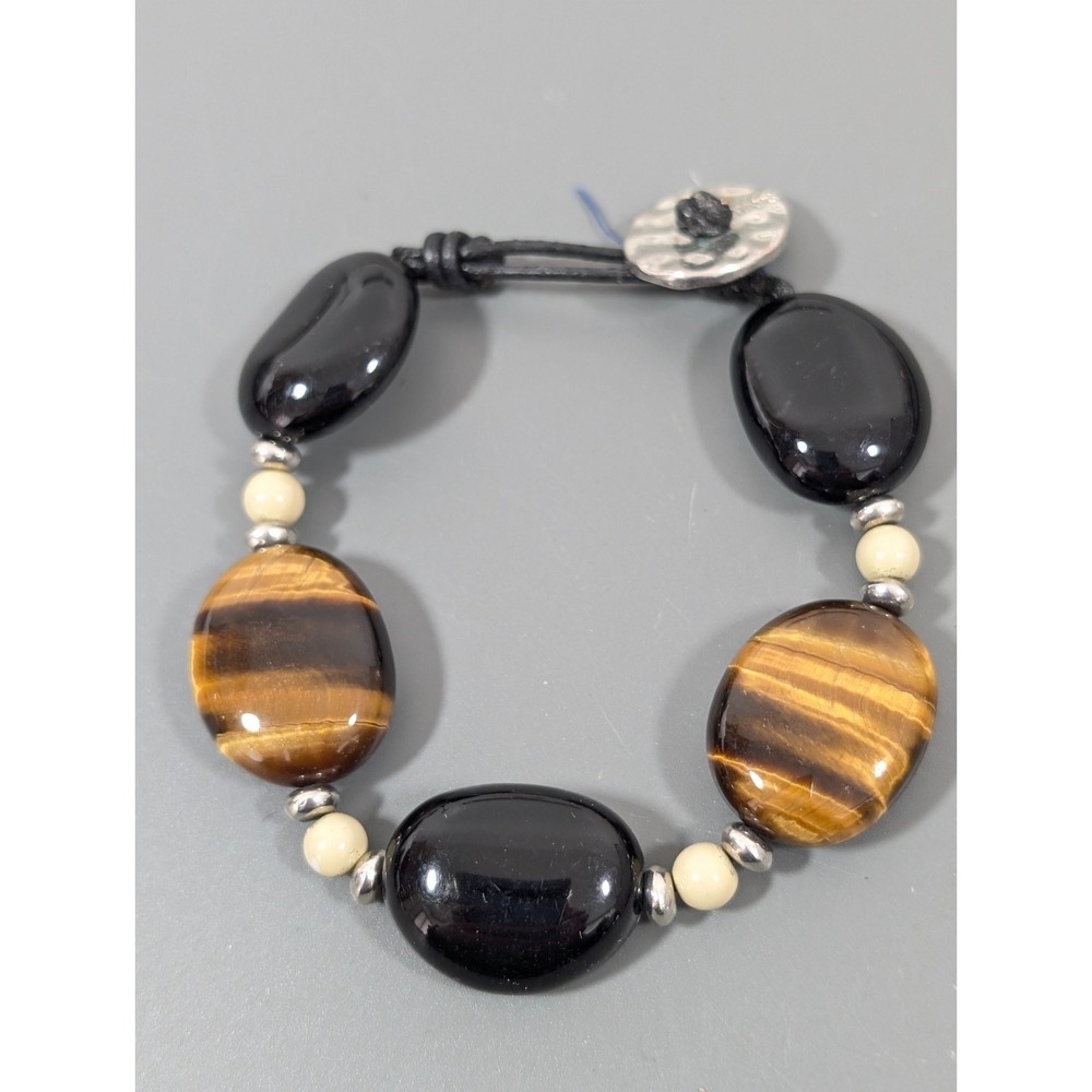 Chaps Brown Tigers Eye Stone Black Bead Chunky Toggle Bracelet Western Boho 7 in